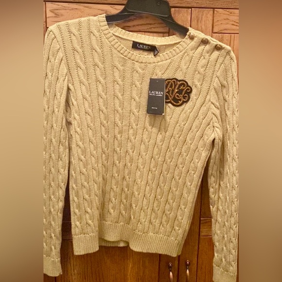Lauren Ralph Lauren Metallic Gold Cable-Knit 3-Button Sweater, Size PL NWT - Picture 5 of 12